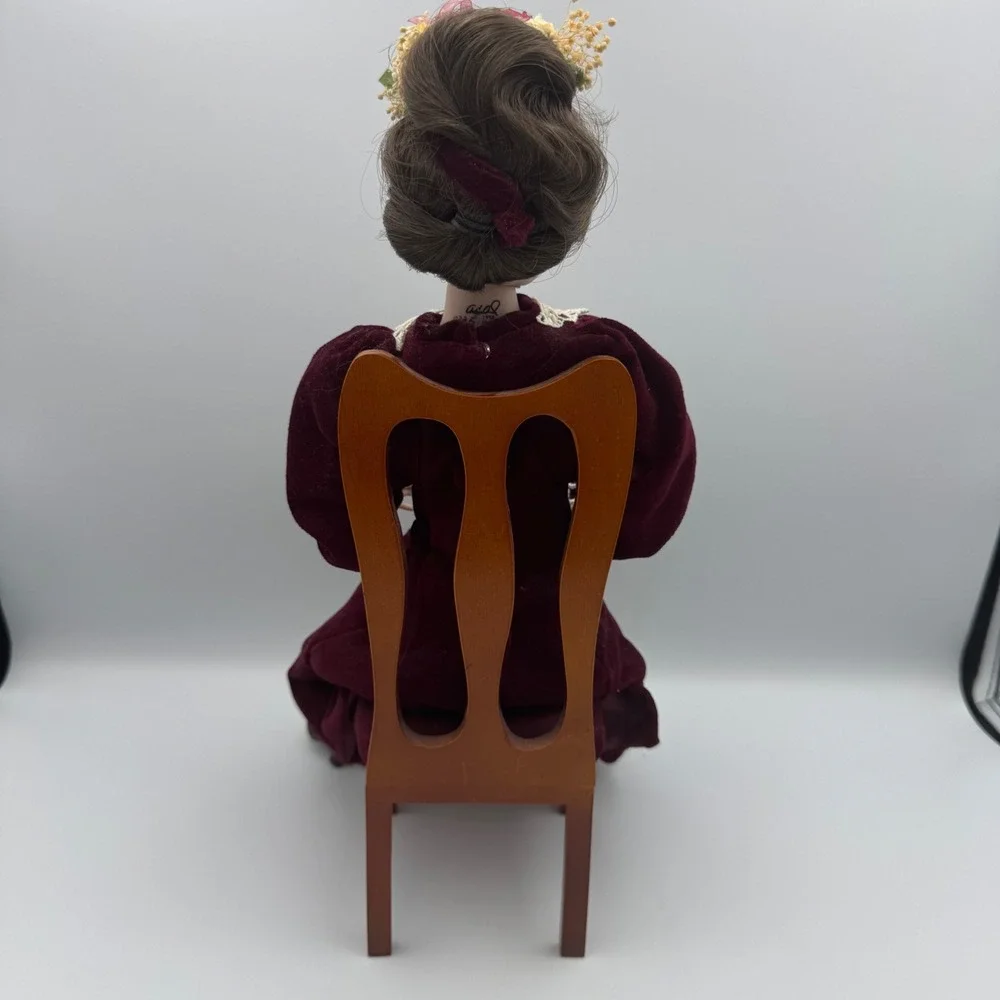 Vintage‎ Porcelain Doll Victorian Burgundy Velvet Dress Floral Hairpiece W Chair